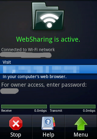 WebSharing home screen
