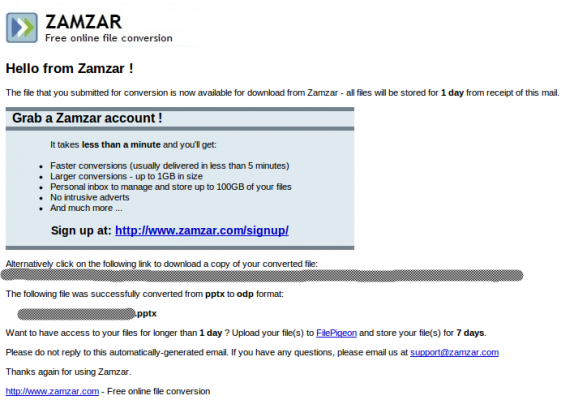 Zamzar email notification