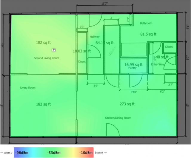 The NetSpot app creates a heat map showing the signal strength of my wireless network at home.