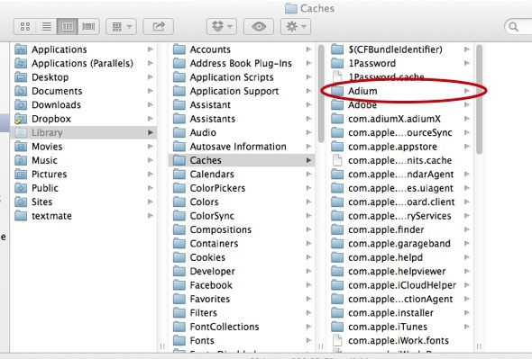 The folder for Adium, an instant messaging application, has been highlighted as an example.