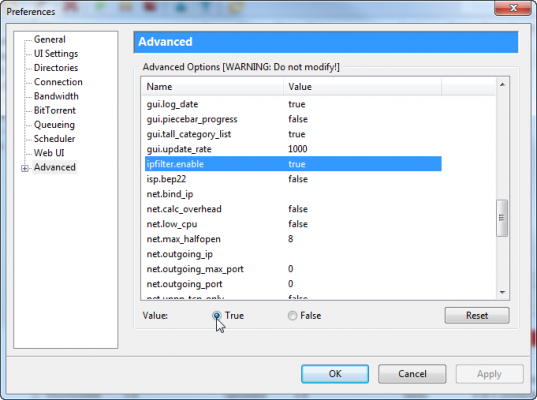 advanced setting in utorrent 1.8.7