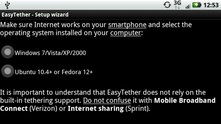 the EasyTether app,