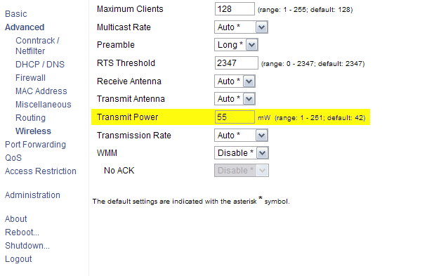 Tomato Transmit Power Setting