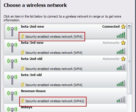 Wireless Security in Windows XP (WPA and WPA2 highlighted)